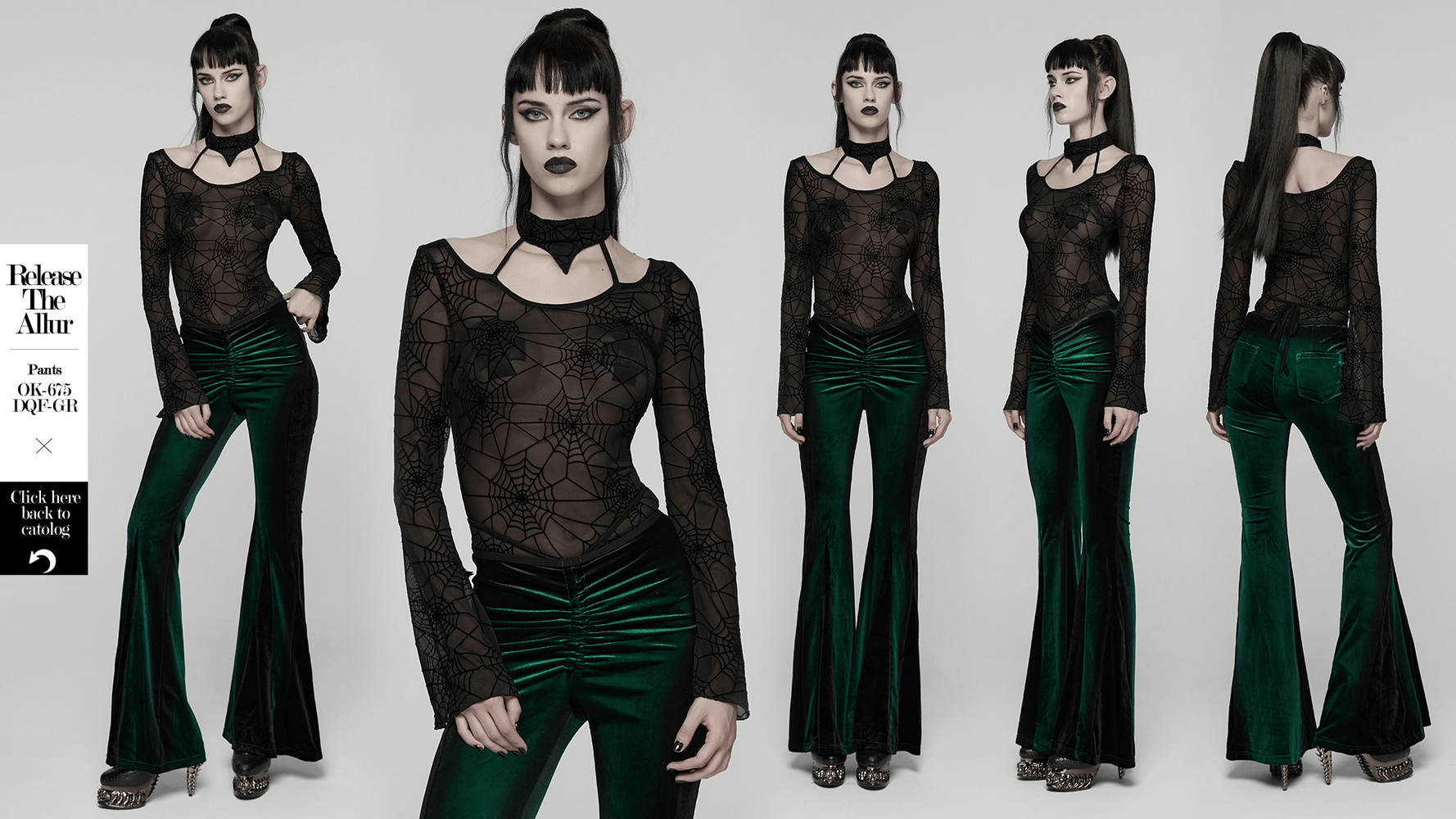 Gothic Sheer Mesh Spider Web Long-Sleeved Top featuring a fitted silhouette and halter neck, perfect for dark fashion lovers.