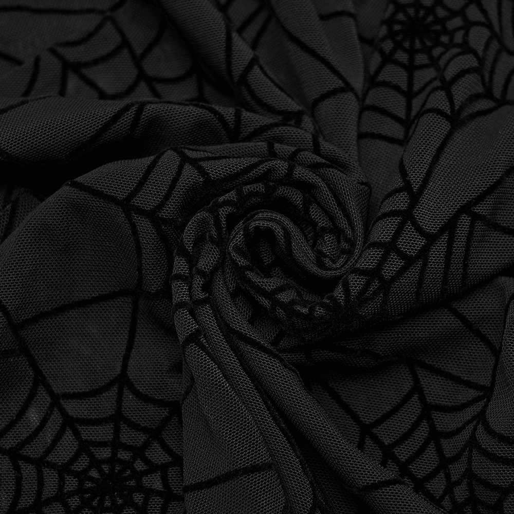 Close-up of the Gothic Sheer Mesh Spider Web Long-Sleeved Top featuring intricate spider web patterns.