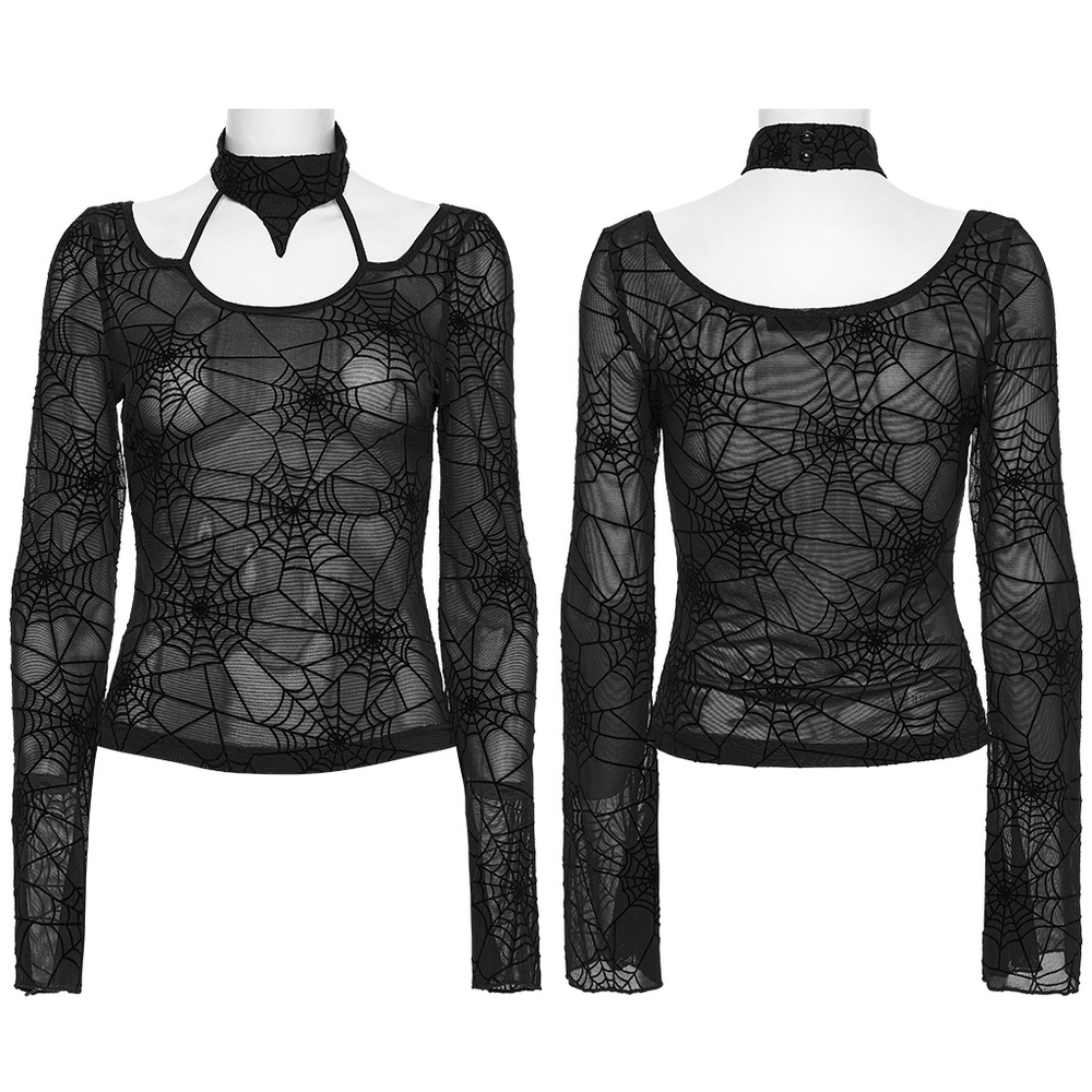Gothic Sheer Mesh Spider Web Long-Sleeved Top showcasing elegant spider web patterns and a stylish halter neck design.