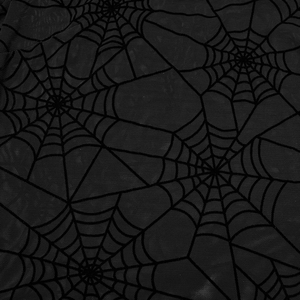 Gothic Sheer Mesh Spider Web Long-Sleeved Top featuring artistic spider web patterns in a dark mesh fabric.