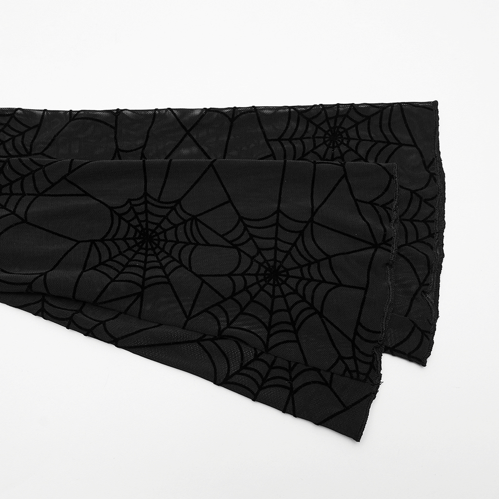 Gothic Sheer Mesh Spider Web Long-Sleeved Top fabric featuring intricate spider web patterns on a soft black mesh.