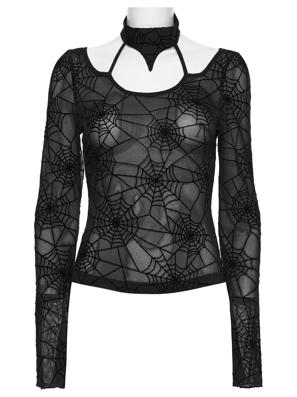 Gothic Sheer Mesh Spider Web Long-Sleeved Top featuring a halter neck and artistic spider web patterns.