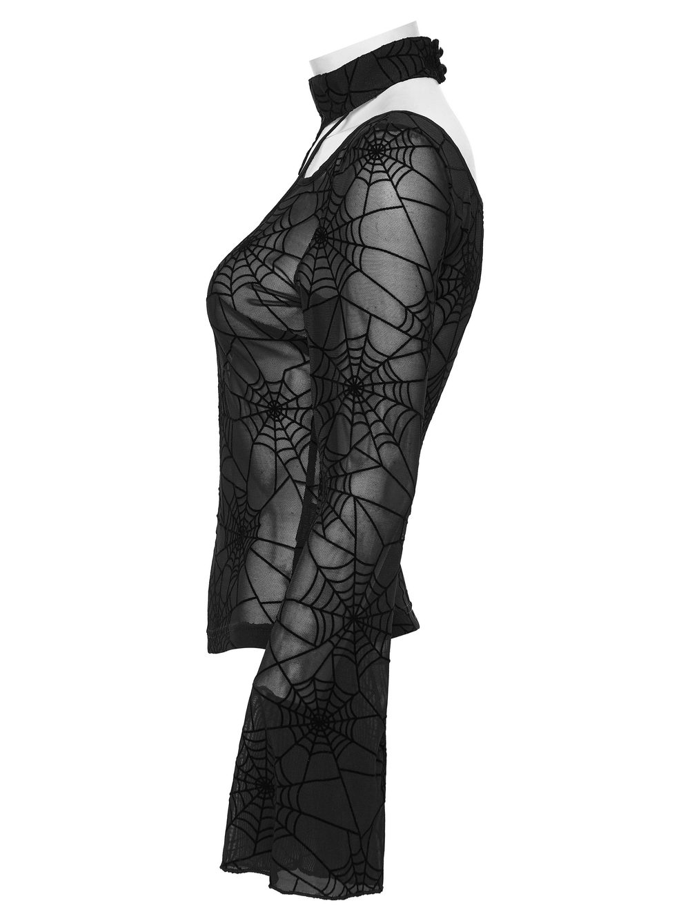 Gothic Sheer Mesh Spider Web Long-Sleeved Top showcasing artistic spider web patterns and a sexy halter neck design.