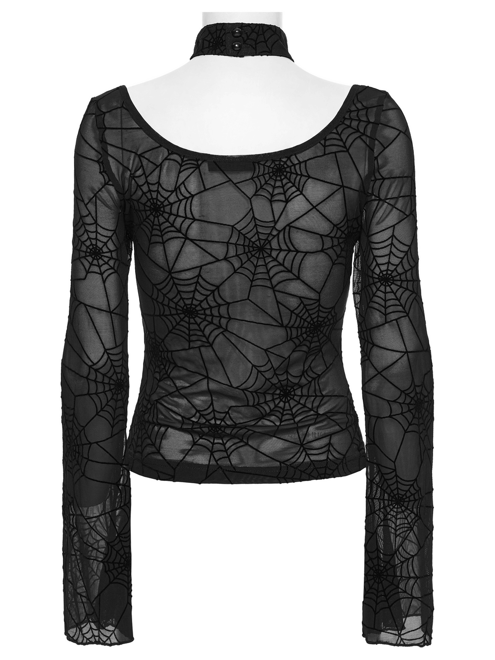 Gothic Sheer Mesh Spider Web Long-Sleeved Top showcasing an artistic spider web design and fitted silhouette from the back.