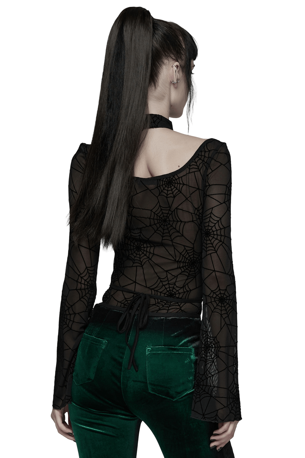 Back view of Gothic Sheer Mesh Spider Web Long-Sleeved Top with artistic spider web patterns.
