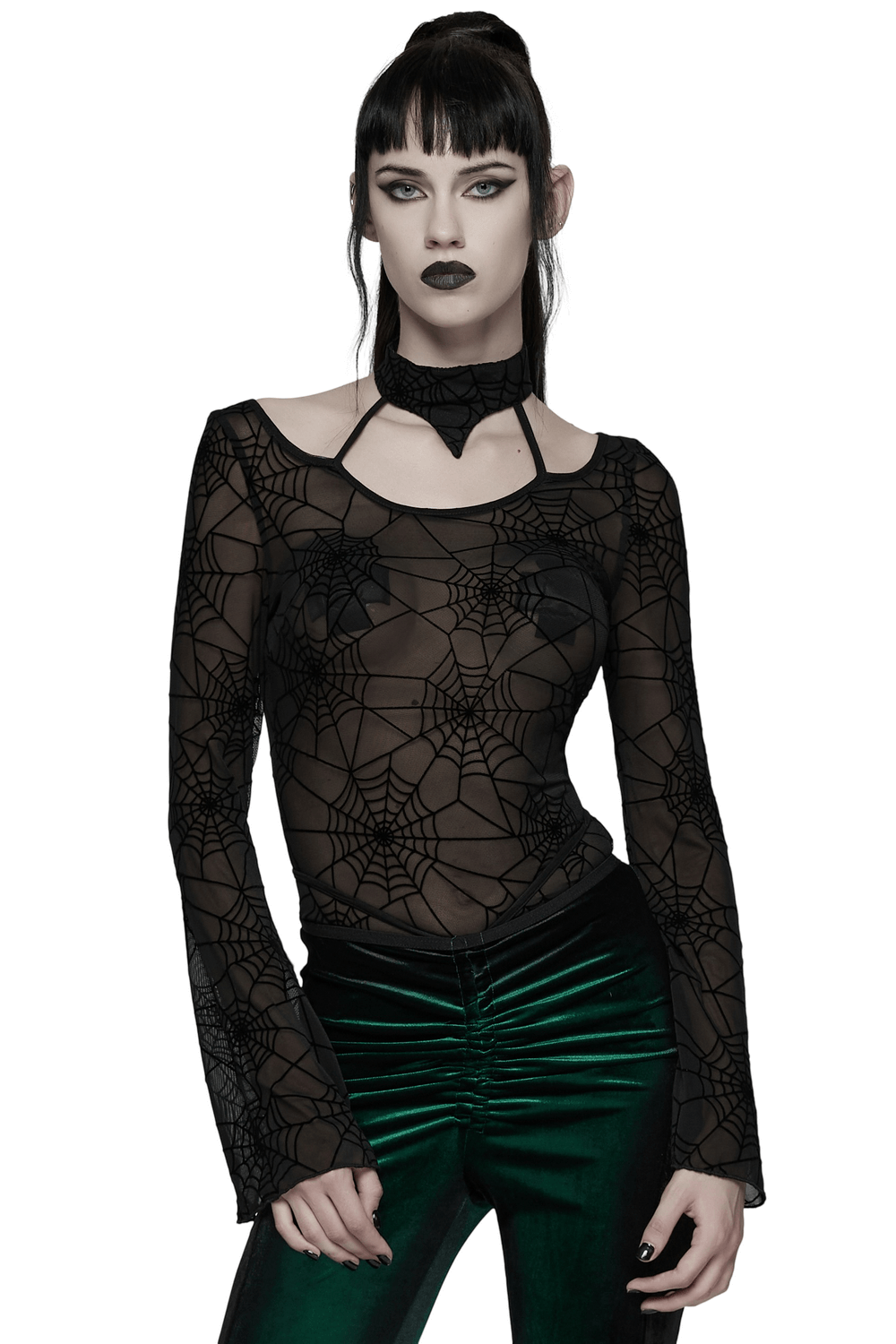 Gothic Sheer Mesh Spider Web Long-Sleeved Top featuring a black spider web mesh design and halter neck styling.