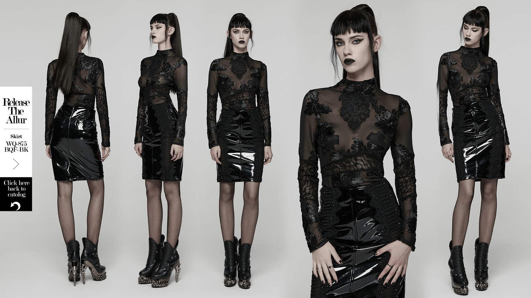 Gothic Sheer Mesh Top with 3D Floral Lace Detail showcased on model in dramatic poses, paired with sleek black skirt.