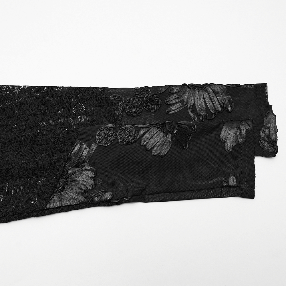 Gothic Sheer Mesh Top with 3D Floral Lace Detail showing exquisite floral embroidery and lace trim.