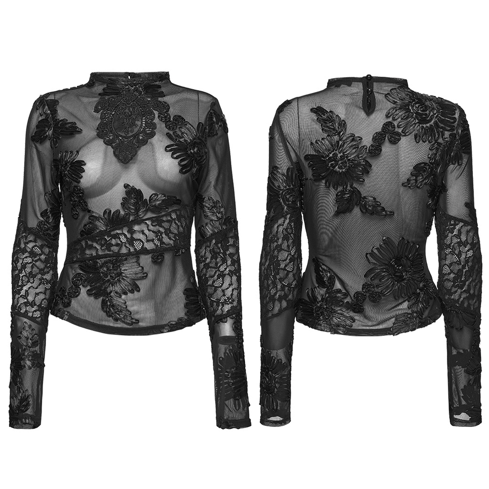 Gothic Sheer Mesh Top with 3D Floral Lace Detail showcasing intricate floral lace design.