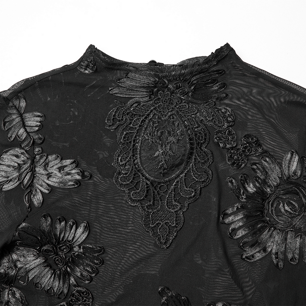 Gothic Sheer Mesh Top with 3D Floral Lace Detail showcasing intricate floral embroidery on translucent fabric.