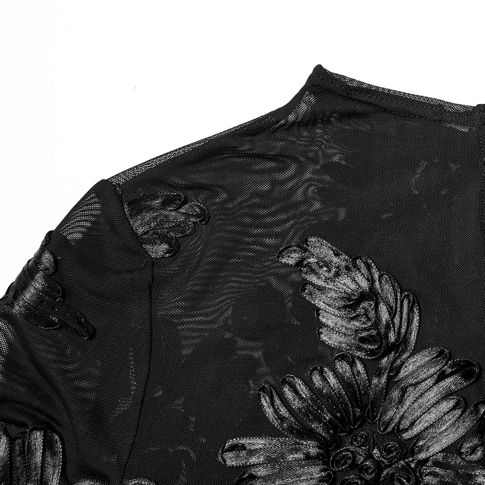Gothic Sheer Mesh Top with 3D Floral Lace Detail showcasing delicate floral lace and sheer black fabric.