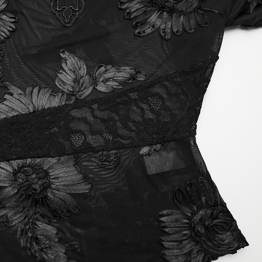 Gothic Sheer Mesh Top with 3D Floral Lace Detail showcasing bold floral embroidery and retro lace trims.