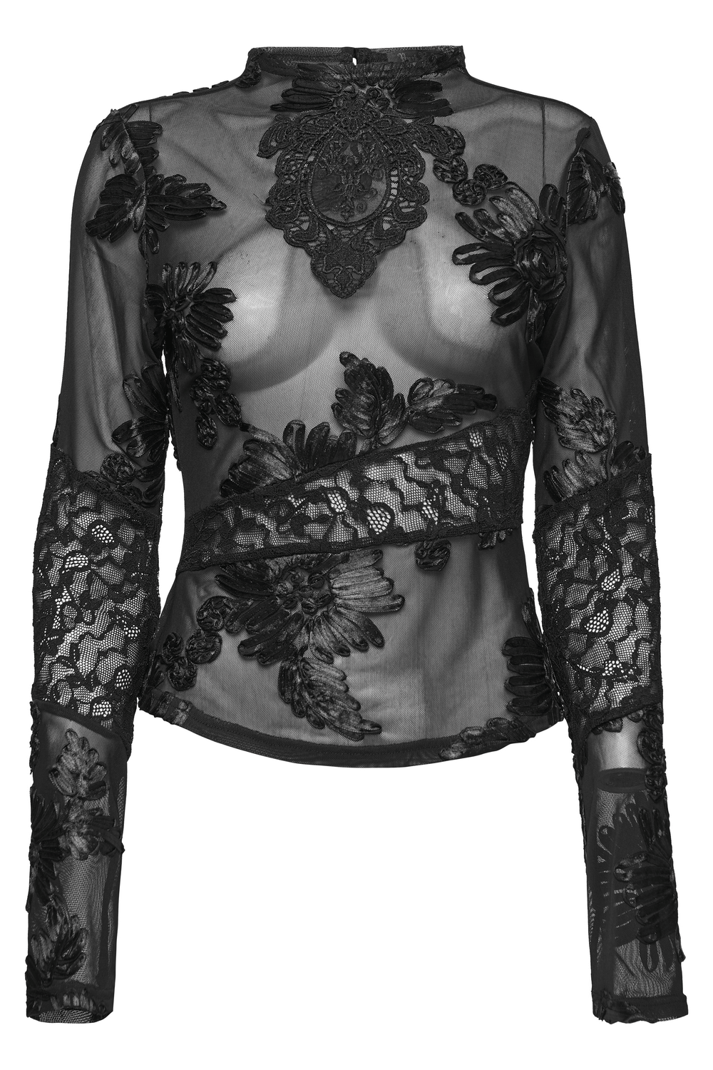 Gothic Sheer Mesh Top with 3D Floral Lace Detail featuring floral embroidery and a daring romantic design.