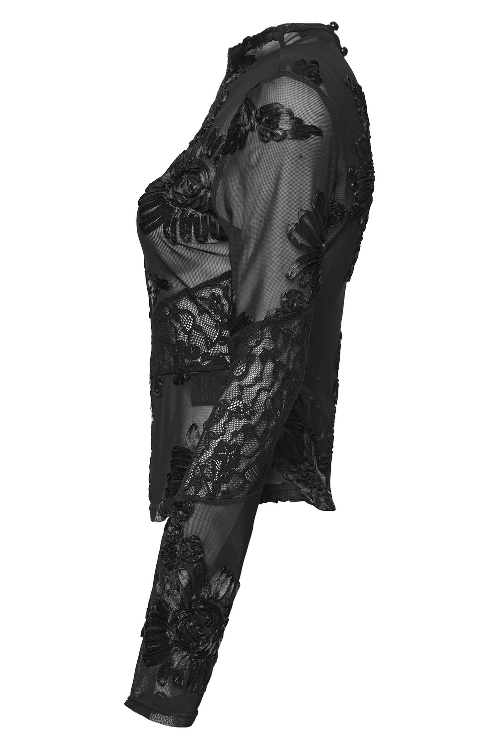 Gothic Sheer Mesh Top with 3D Floral Lace Detail side view showcasing intricate floral embroidery and translucent fabric.