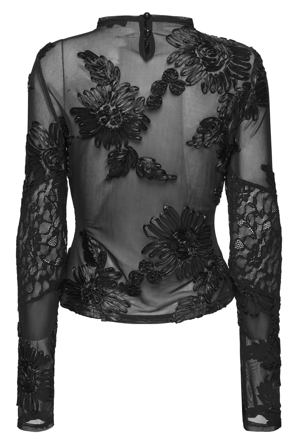 Gothic Sheer Mesh Top with 3D Floral Lace Detail showcasing black floral embroidery and sheer fabric.