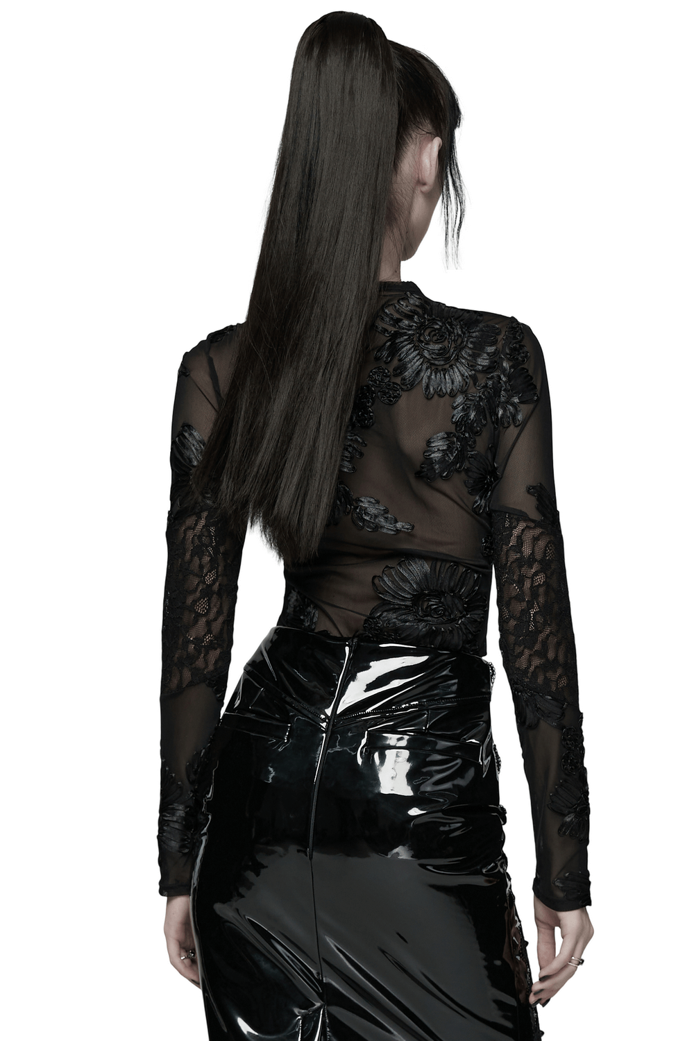 Gothic Sheer Mesh Top with 3D Floral Lace Detail showcased from the back, featuring intricate floral lace and mesh design.