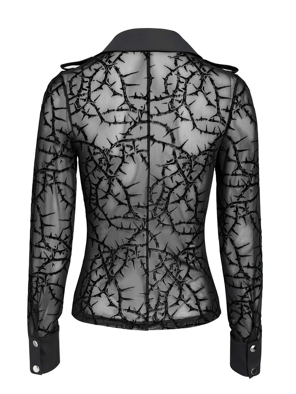 Gothic Sheer Thorn Mesh Shirt with Buckle Detail black thorn-vine mesh blouse with pointed collar and snap cuffs