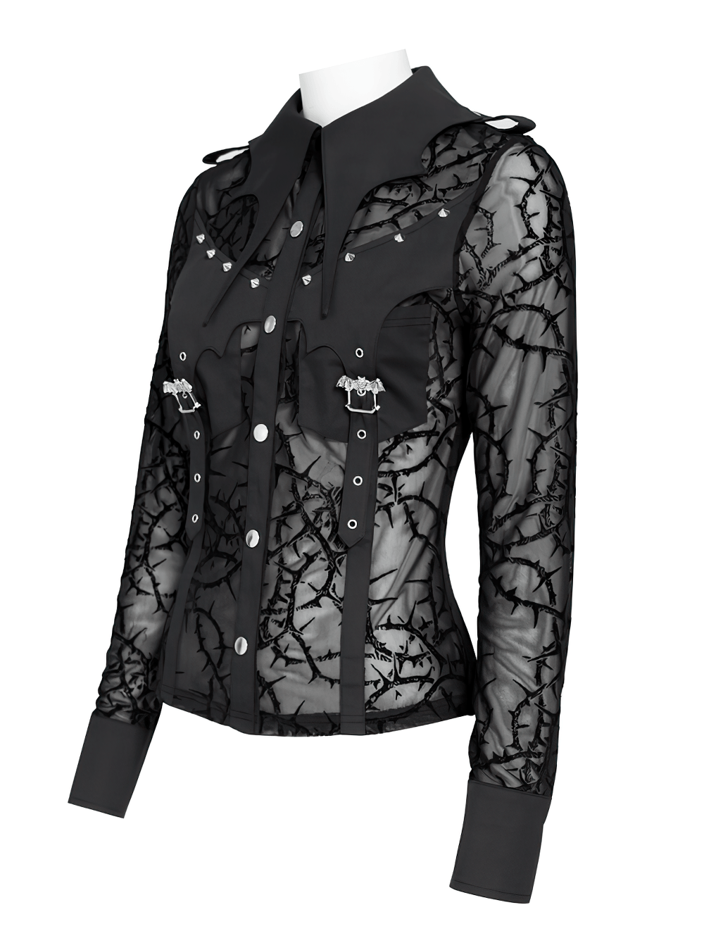 Gothic Sheer Thorn Mesh Shirt with Buckle Detail black mesh blouse with thorn pattern, punk studs, and buckle straps