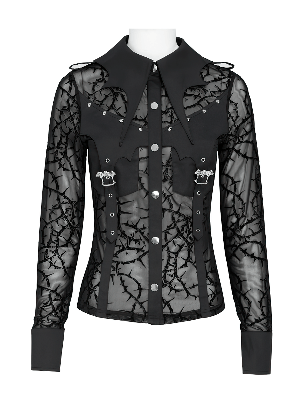 Gothic Sheer Thorn Mesh Shirt with Buckle Detail black punk sheer blouse with thorn pattern and silver snaps