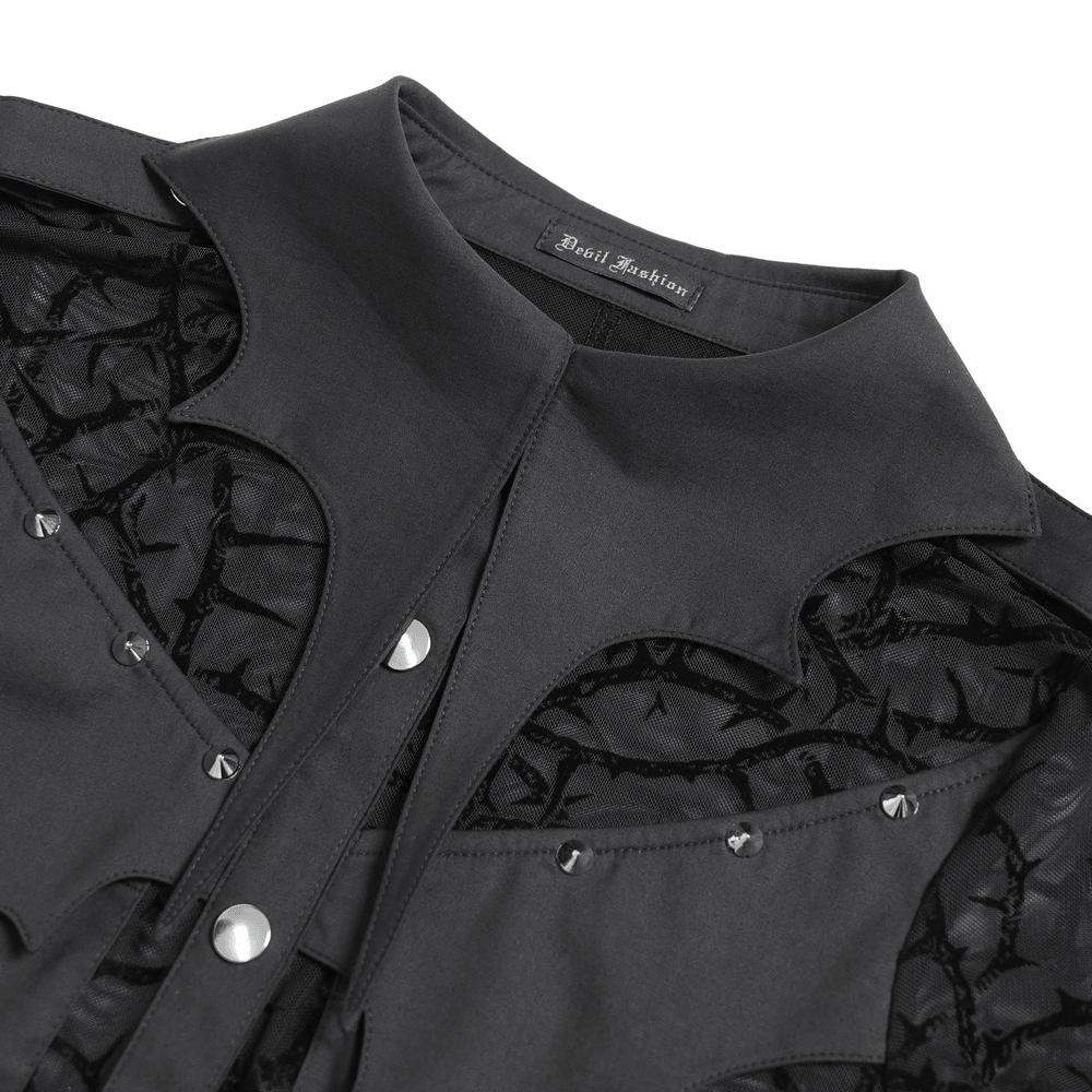 Gothic Sheer Thorn Mesh Shirt with Buckle Detail, black punk blouse with batwing collar, studs, and sheer thorn pattern