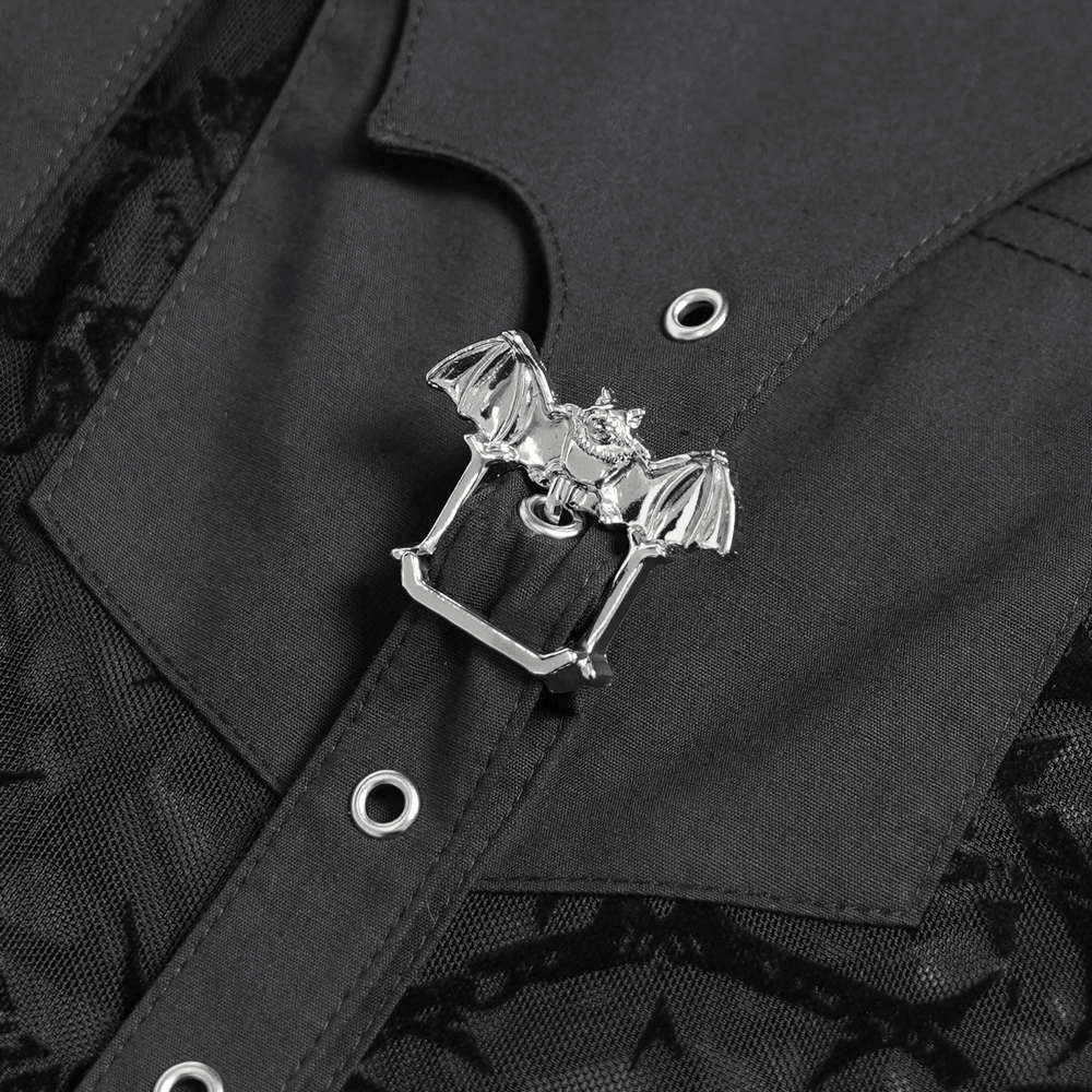 Gothic Sheer Thorn Mesh Shirt with Buckle Detail, black gothic blouse with batwing collar and bat buckle