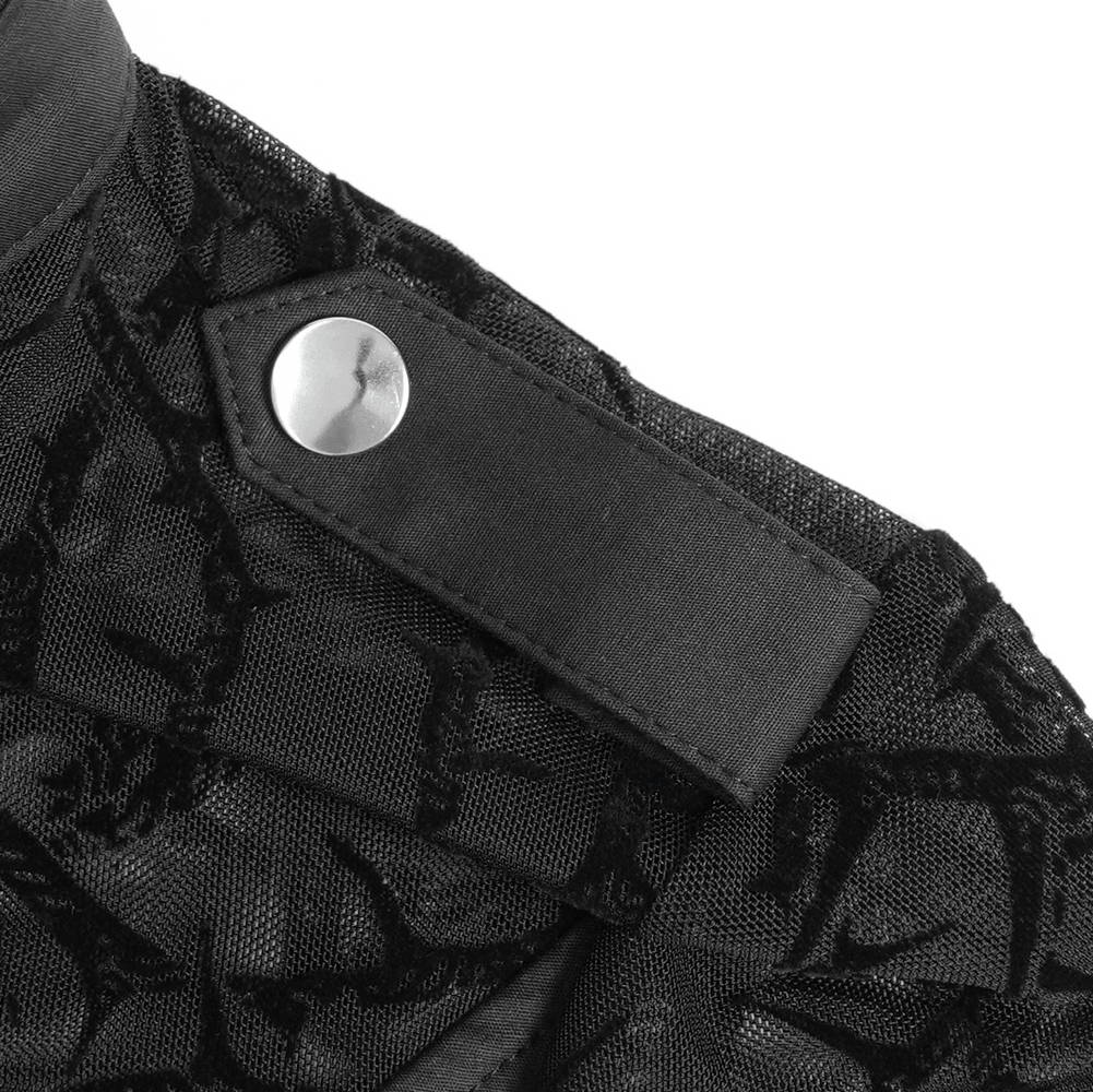 Gothic Sheer Thorn Mesh Shirt with Buckle Detail black mesh blouse with silver snap button and thorn pattern