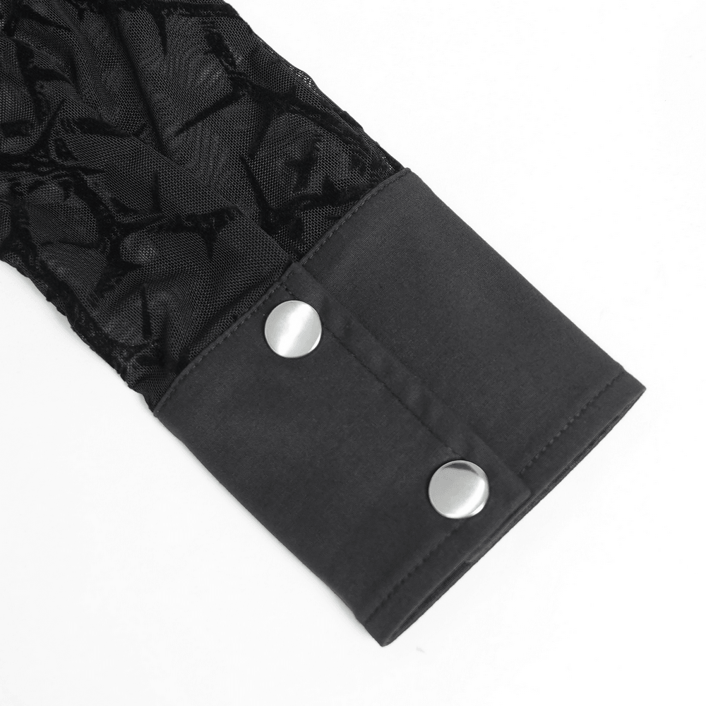 Gothic Sheer Thorn Mesh Shirt with Buckle Detail black sleeve cuff with silver snap buttons and thorn mesh