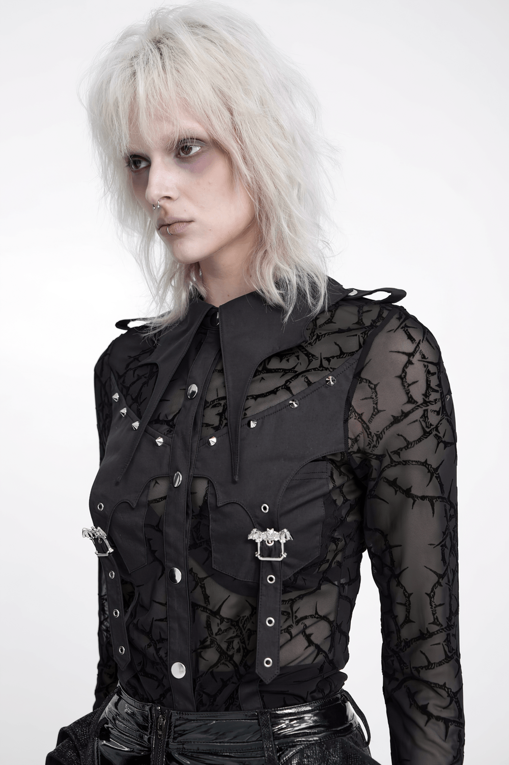 Gothic Sheer Thorn Mesh Shirt with Buckle Detail, black punk thorn pattern blouse with batwing collar and studs