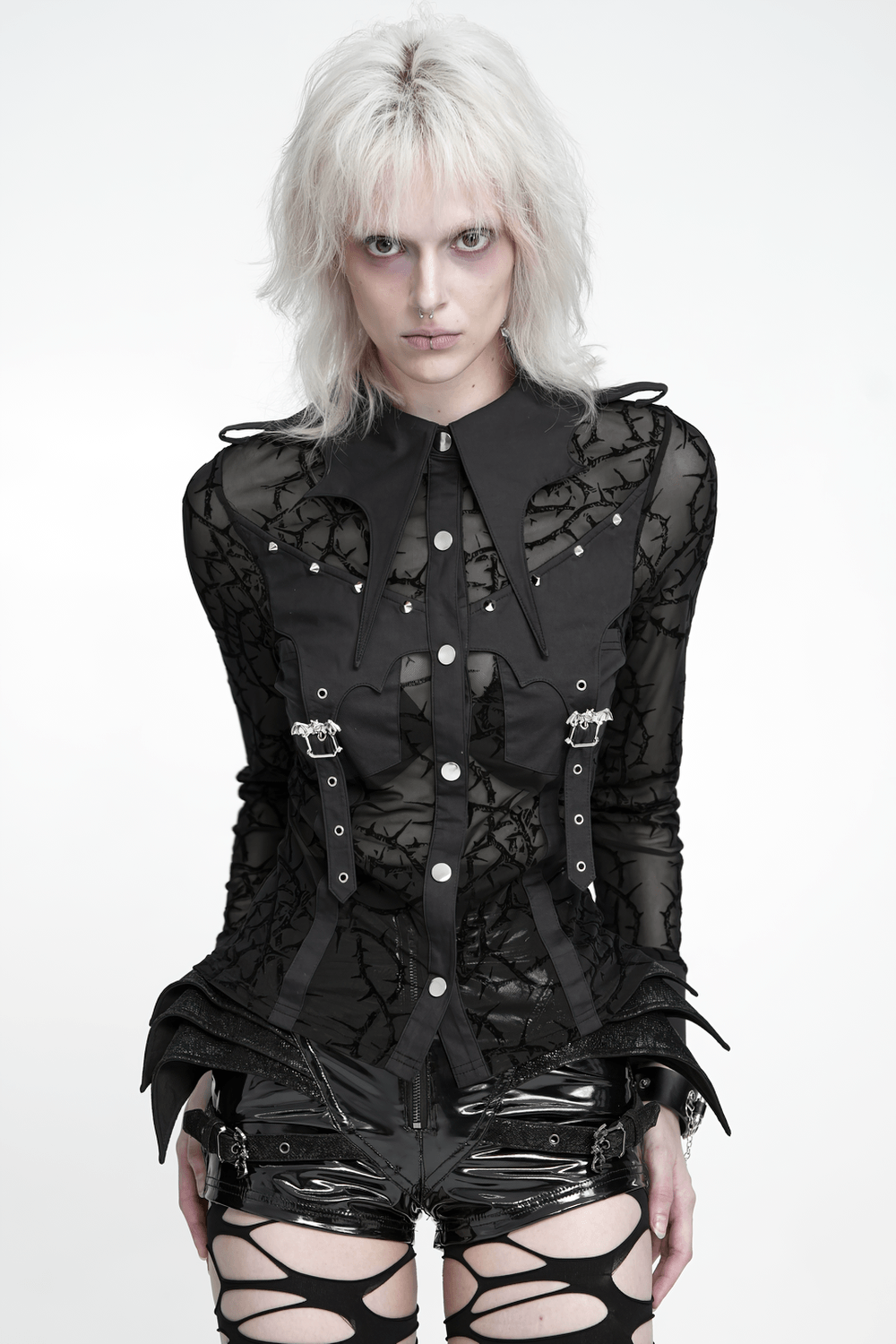 Gothic Sheer Thorn Mesh Shirt with Buckle Detail black punk blouse with batwing collar, sheer sleeves, studs, and snap buttons