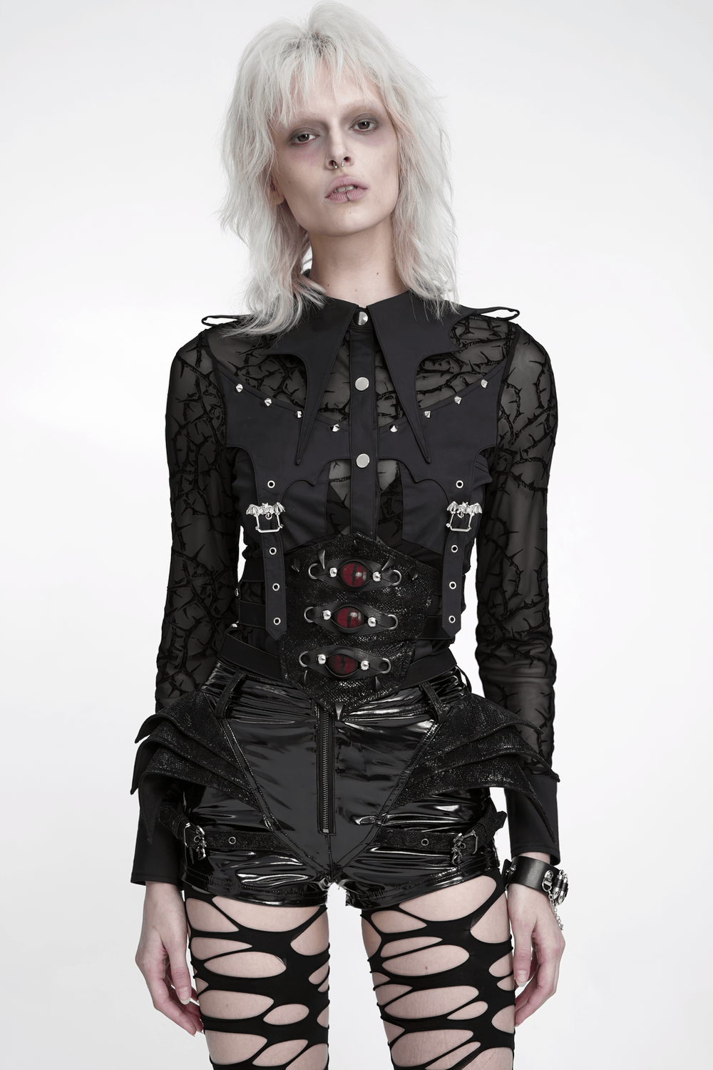 Gothic Sheer Thorn Mesh Shirt with Buckle Detail black sheer thorn-vine mesh blouse with punk studs, buckles, and pointed collar