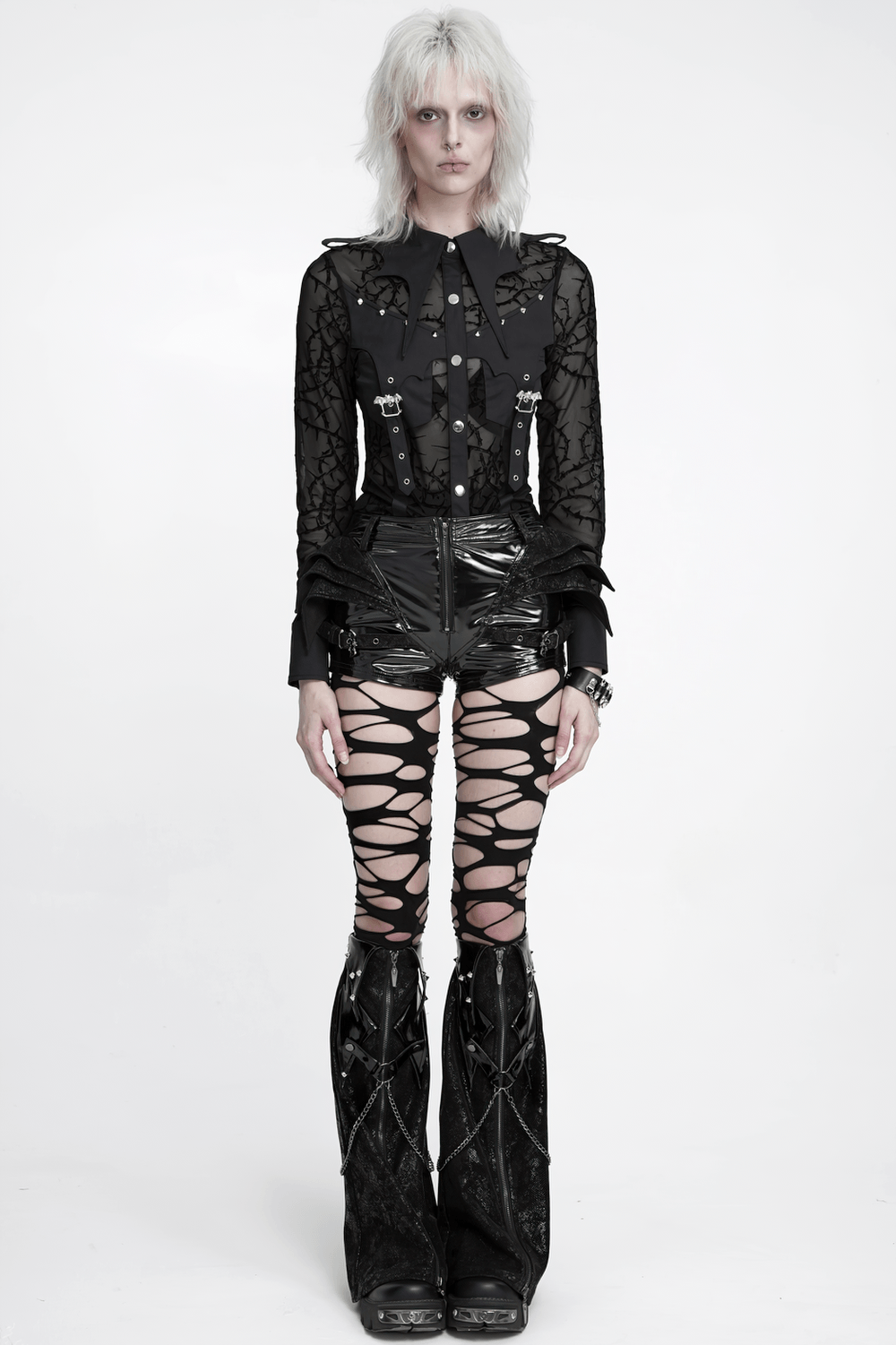 Gothic Sheer Thorn Mesh Shirt with Buckle Detail black punk mesh blouse with thorn pattern and snap buttons