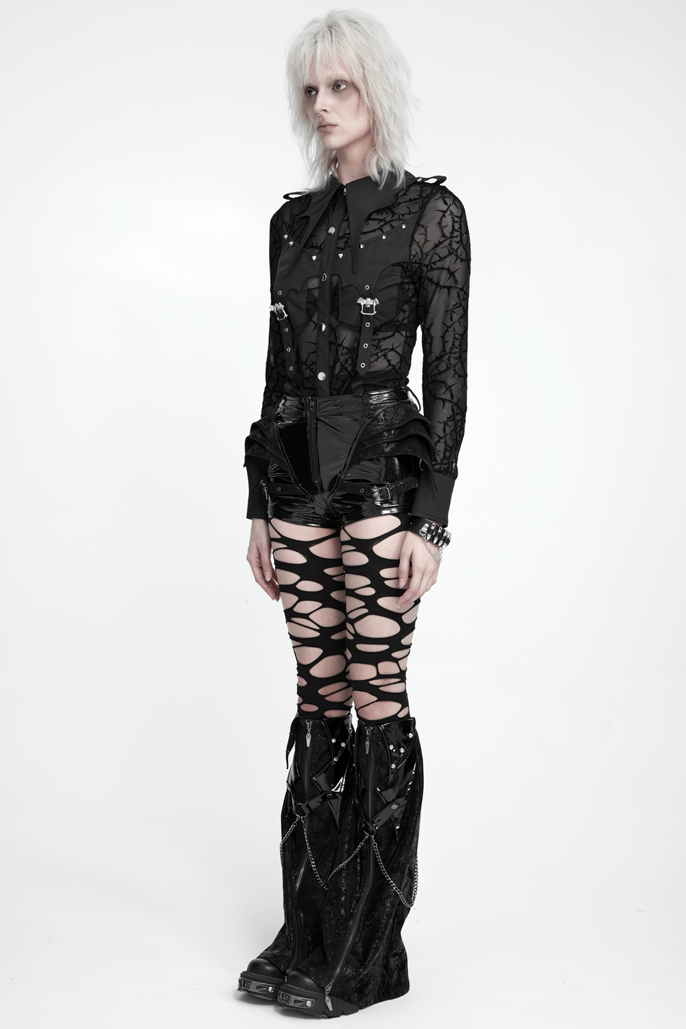 Gothic Sheer Thorn Mesh Shirt with Buckle Detail black punk blouse with thorn pattern, batwing collar, and edgy silver accents