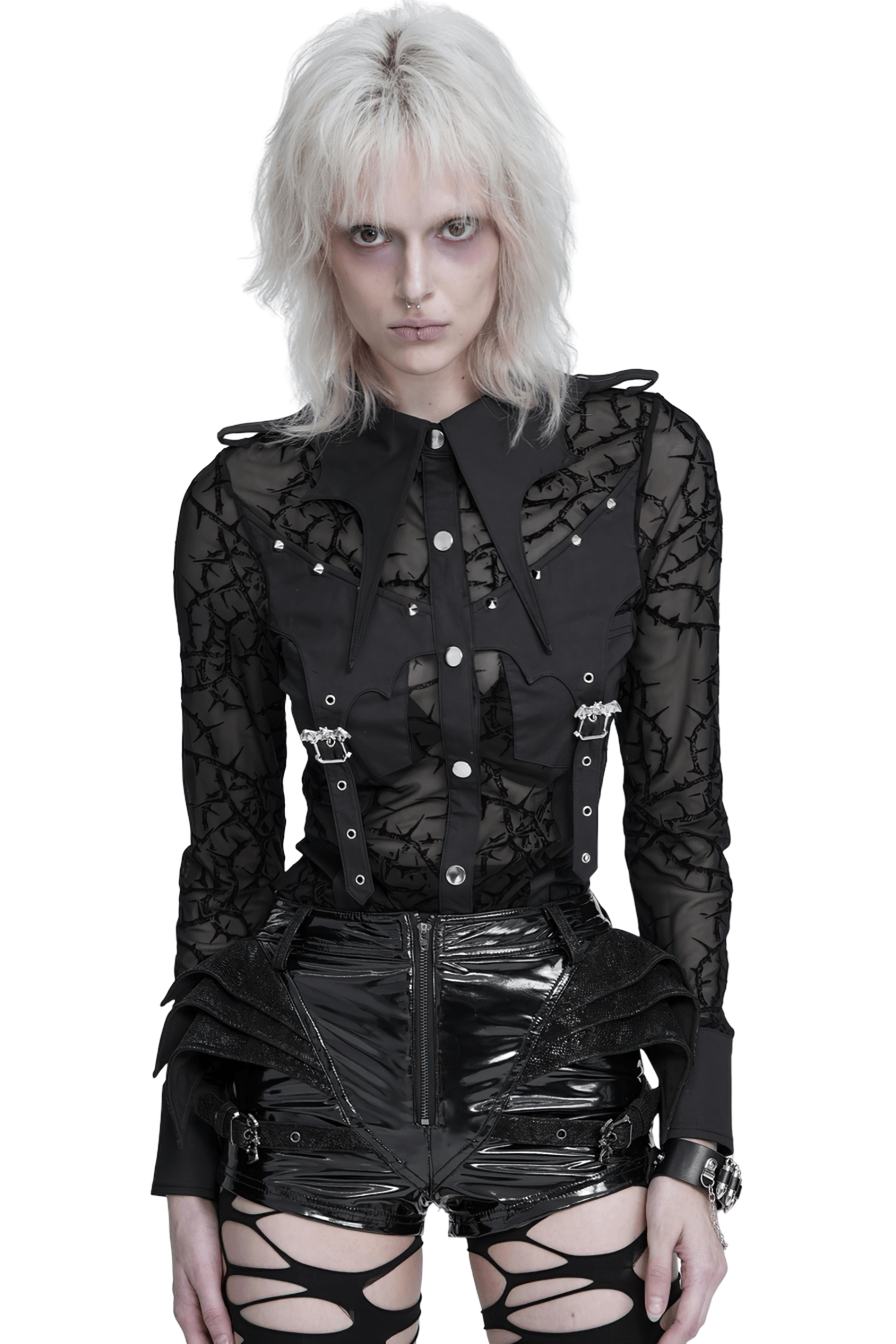 Gothic Sheer Thorn Mesh Shirt with Buckle Detail, black punk thorn pattern blouse with batwing collar and silver snaps