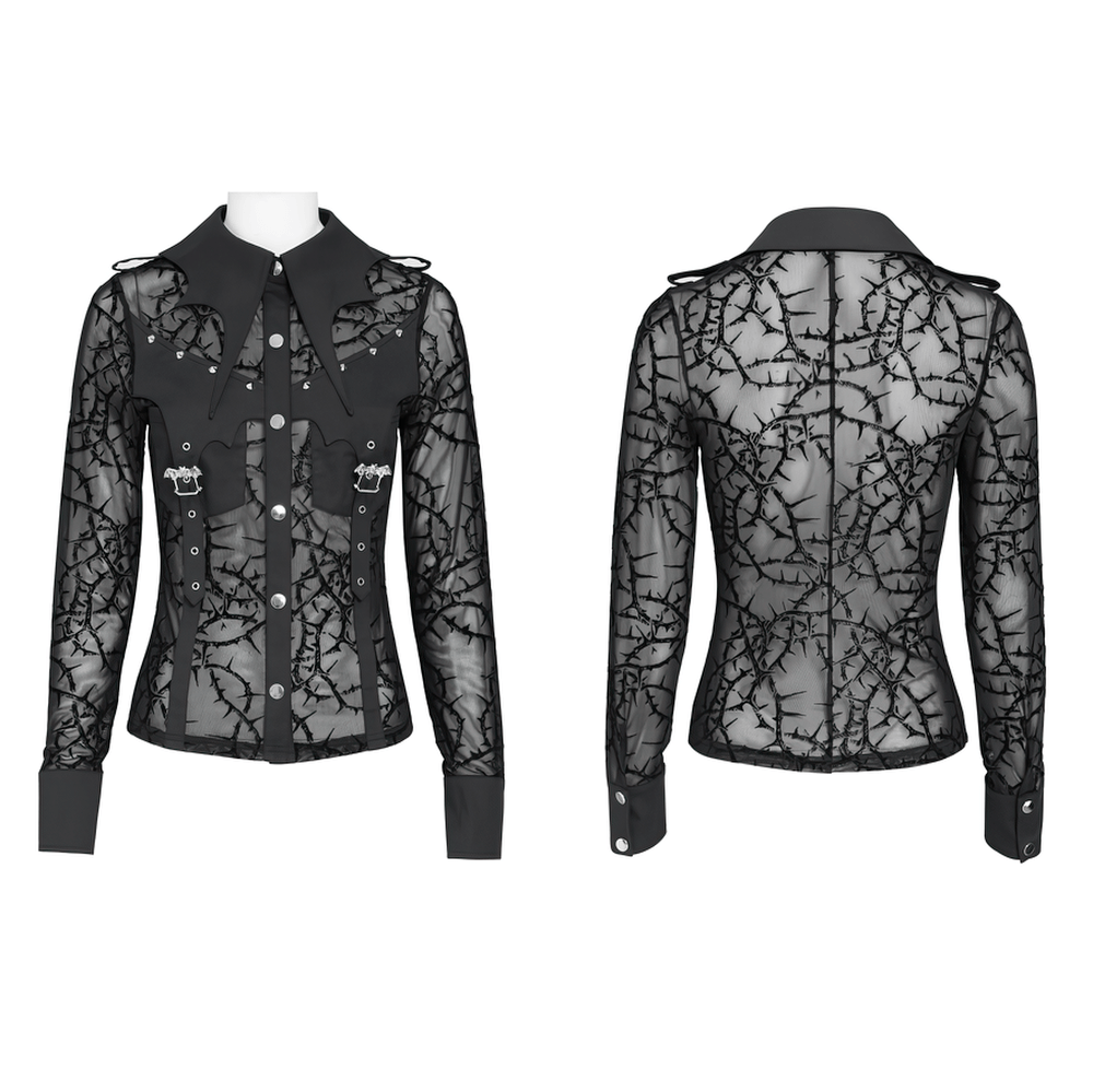 Gothic Sheer Thorn Mesh Shirt with Buckle Detail, black sheer thorn-vine blouse with punk studs, buckle straps and pointed collar
