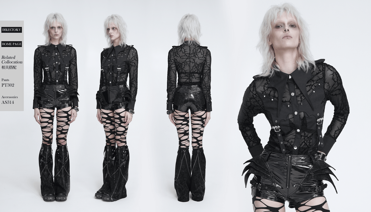 Gothic Sheer Thorn Mesh Shirt with Buckle Detail, black punk mesh blouse with thorn pattern, studs, and batwing collar
