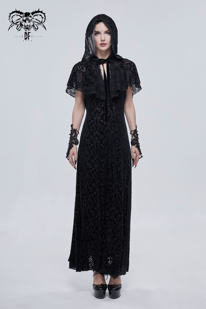 Women's gothic black hooded cape with floral texture, elegant and stylish attire for a dark, romantic look.