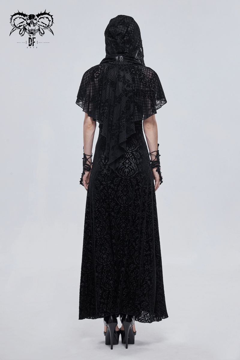 Back view of a woman in a gothic black short hooded cape with floral mesh design, perfect for an elegant gothic look.