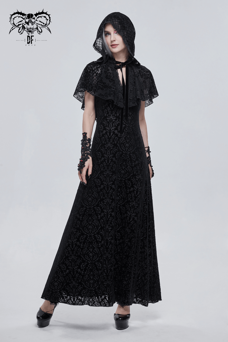 Women's gothic black hooded cape with floral mesh design and elegant tie detail, perfect for a stylish, dark aesthetic.