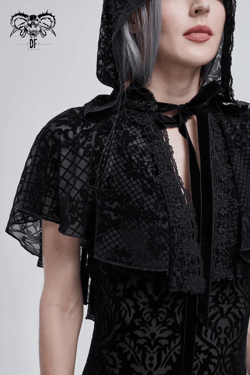 Elegant gothic women's black hooded cape with floral mesh design and velvet tie, perfect for a stylish look.