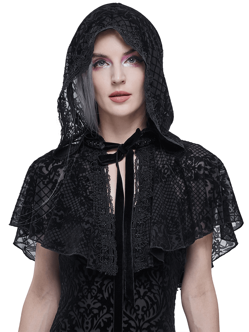 Gothic Short Hooded Cape with Velvet Tie / Women's Floral Mesh Cape - HARD'N'HEAVY