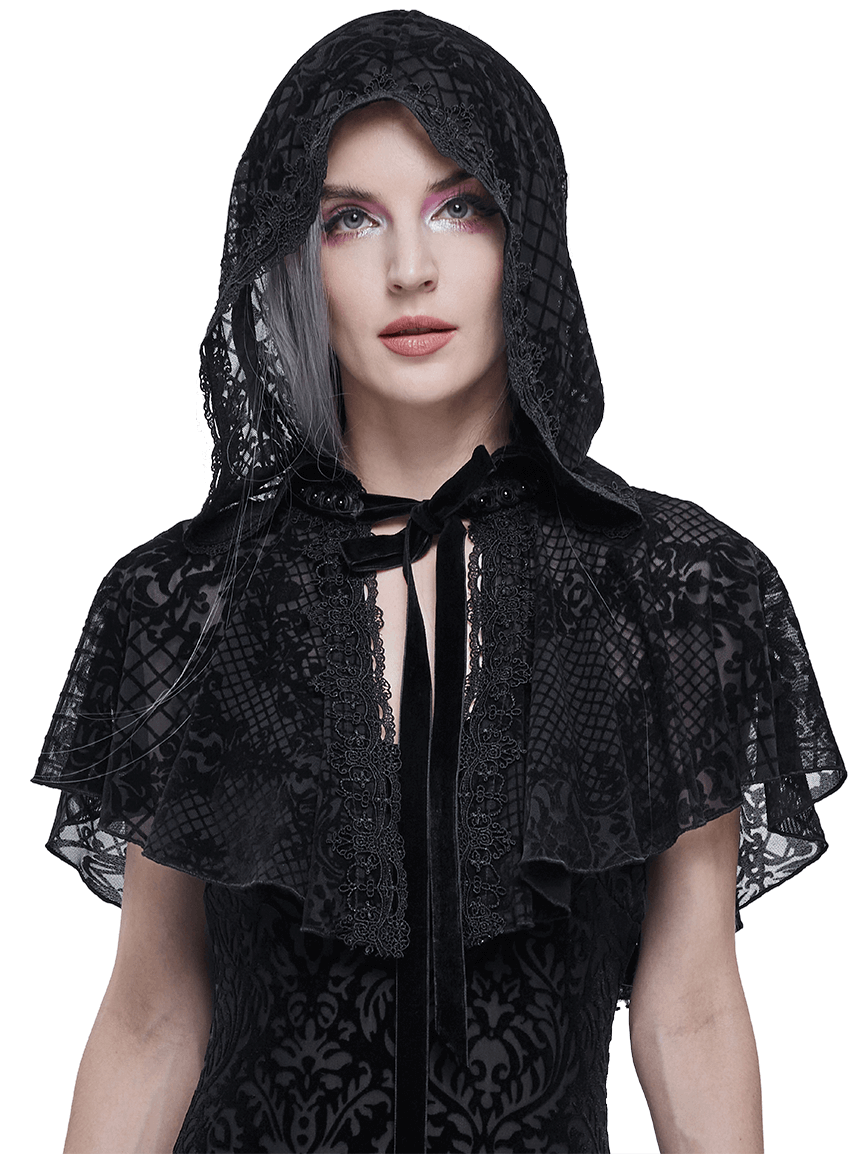 Gothic women's short hooded cape in black velvet with floral print, featuring elegant details and a stylish tie.