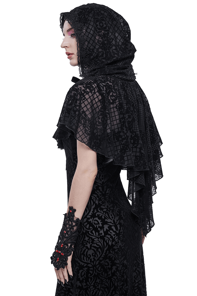 Gothic Short Hooded Cape with Velvet Tie / Women's Floral Mesh Cape - HARD'N'HEAVY