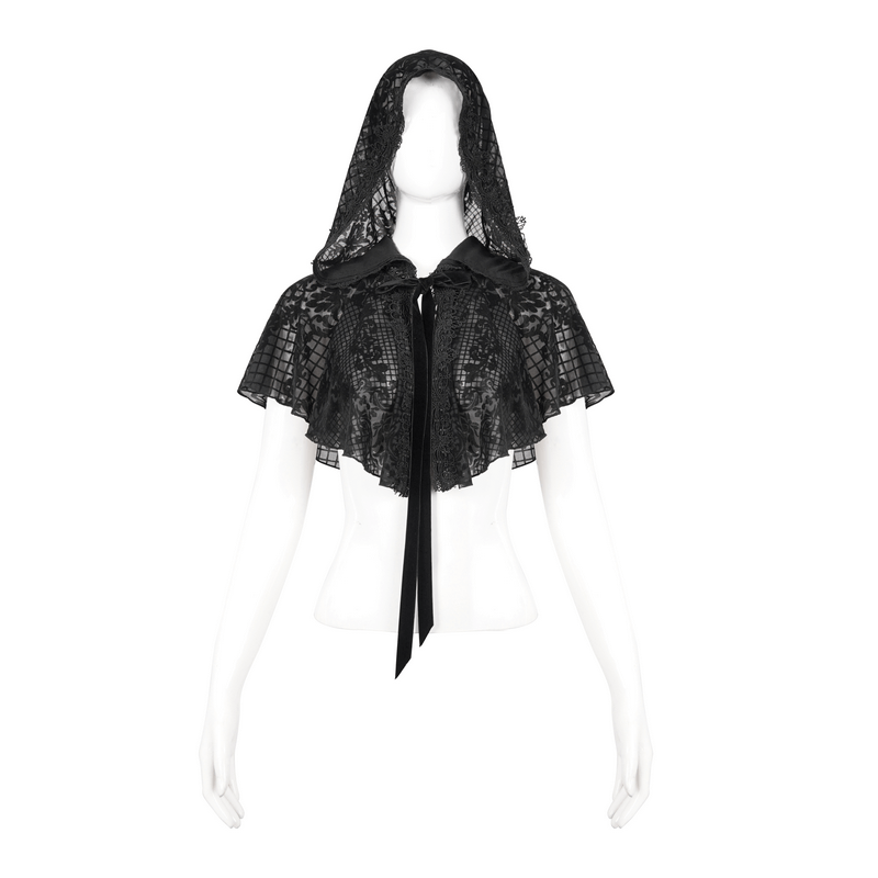 Gothic black hooded cape with floral mesh design and velvet tie, perfect for elegant gothic fashion.