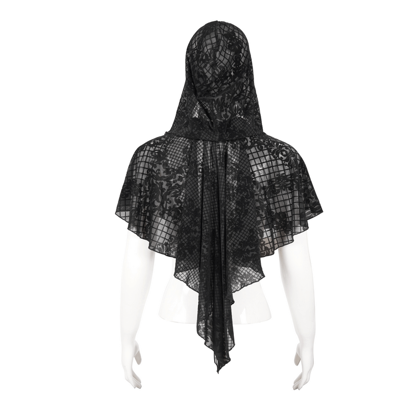Elegant women's black gothic hooded cape with floral mesh design, showcasing its stylish back view.