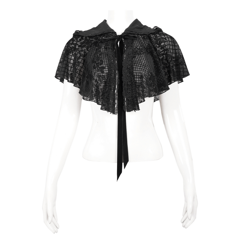Black gothic short hooded cape with floral mesh design and velvet tie, perfect for an elegant gothic look.