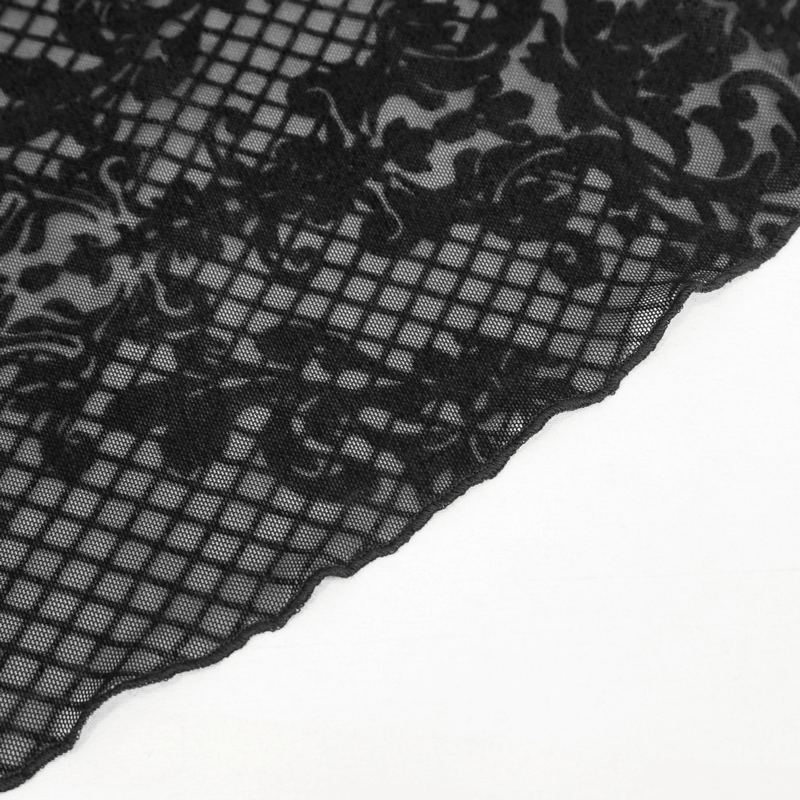 Close-up of black floral mesh fabric with grid pattern, perfect for a gothic-style women's cape.