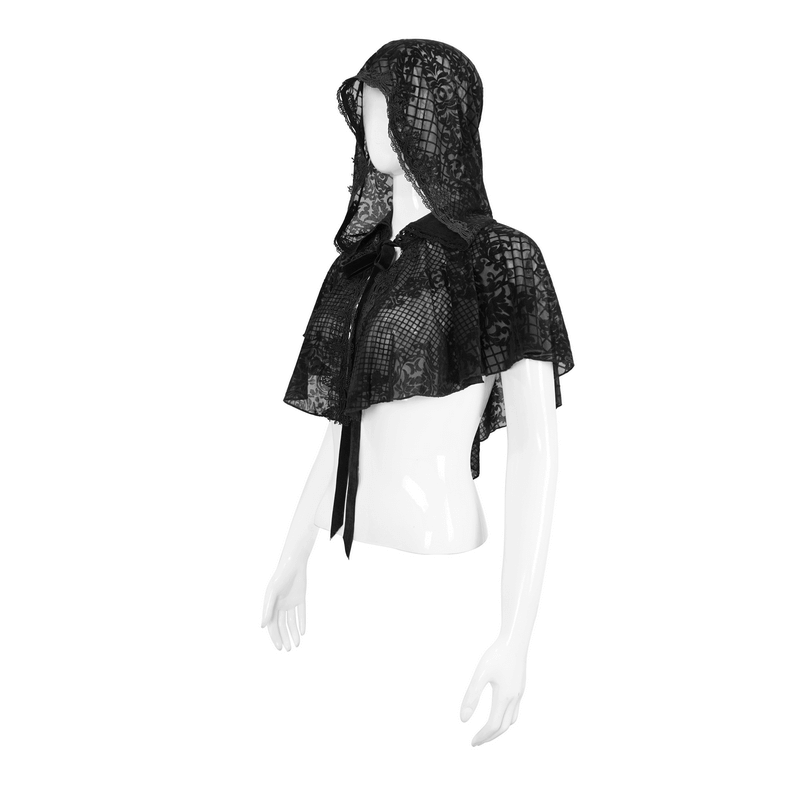 Gothic women's black hooded cape with floral mesh design and velvet tie, perfect for elegant outfits.