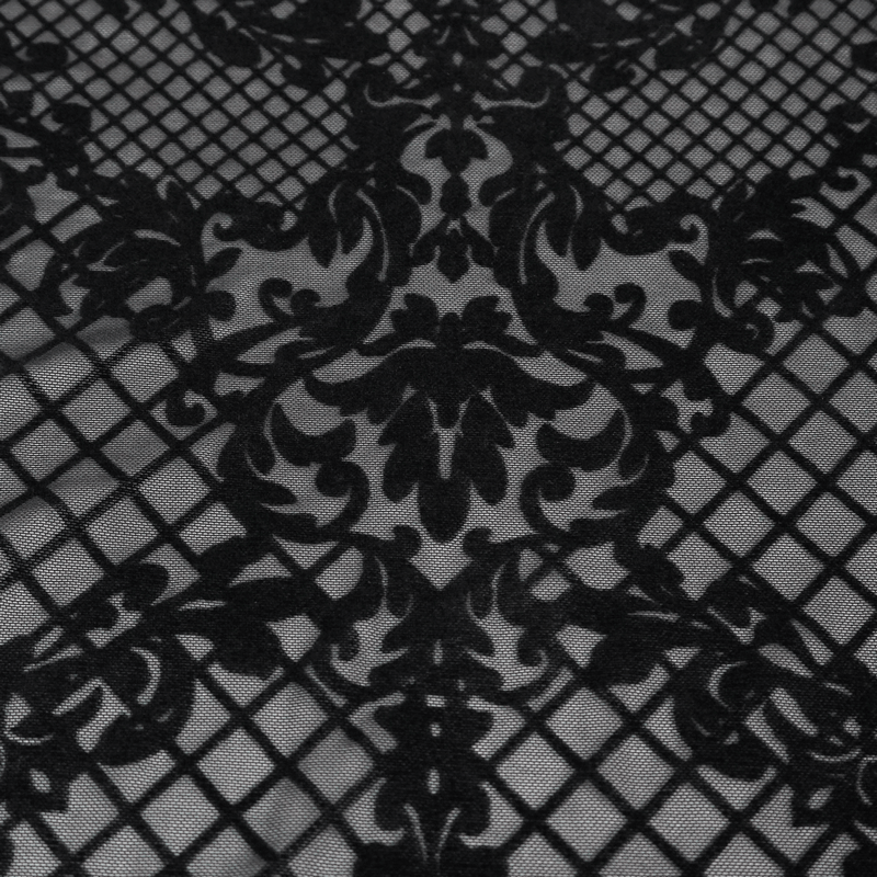 Elegant floral mesh pattern on sheer black fabric for gothic fashion, perfect for capes and stylish attire.