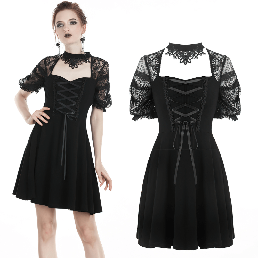 Gothic Short Sleeves Lace Halter Dress with Necklace Design