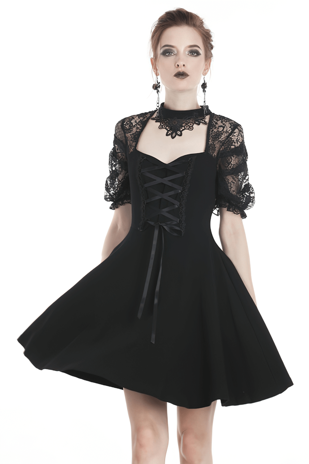 Gothic Short Sleeves Lace Halter Dress with Necklace Design